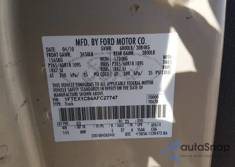 2010 Ford F-150 Fx2 Sport/Stx/Xl/Xlt из США, поврежденный, VIN 1FTEX1C84AFC27747